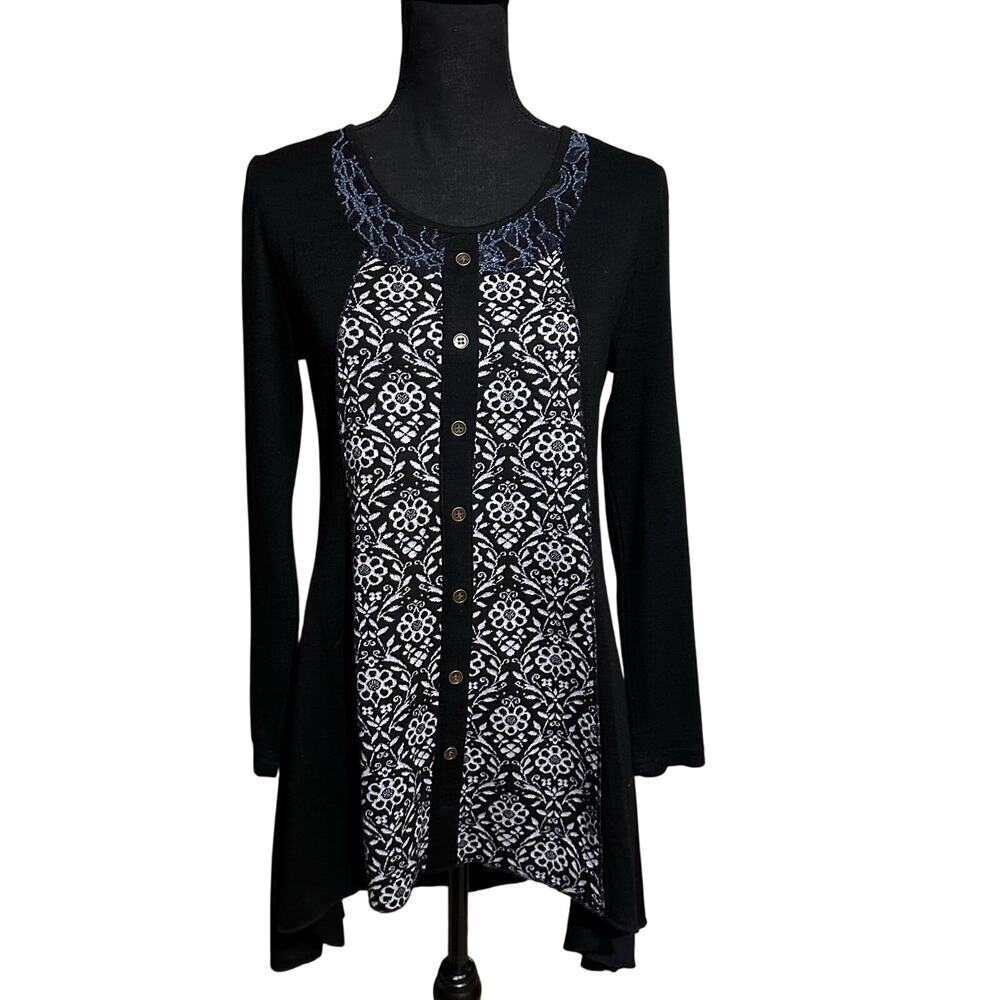 Papillon Black and White Lace Print Tunic Top Women's M Medium